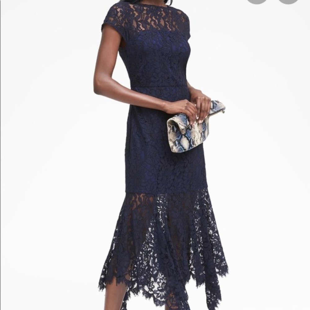 Banana Republic Lace Handkerchief Hem Trumpet Midi Dress Navy Sz 10